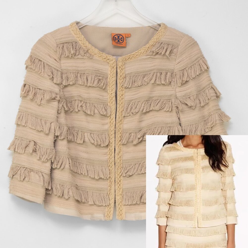 Tory Burch Julian Fringe Jacket Statement Coat Evening Silk Khaki Nude Size 2